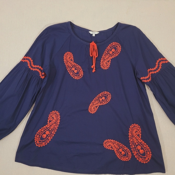 Crown & Ivy Women's Small Navy Blue Embroidered Red Paisley Peasant Blouse Boho - Picture 2 of 11